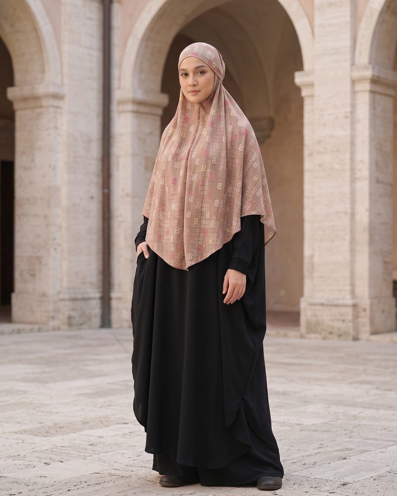 Hijab Khiban khimar Bandana Motif Nagita X Buttonscarves Voal Premium Sudut 1